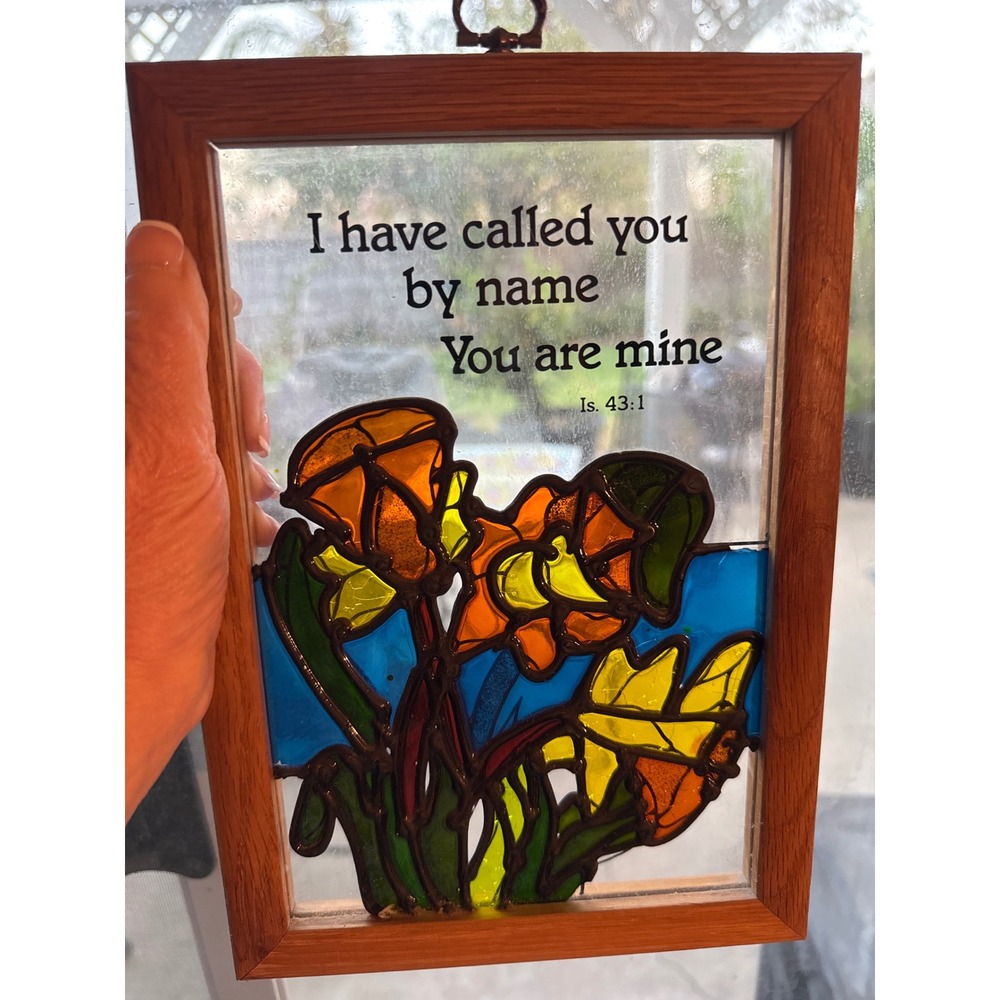 Vintage Stained Glass Isaiah 43:1 Bible Verse Wood Frame Suncatcher Daffodils